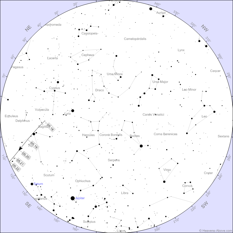 #ISS flying over #Toronto in 10 minutes! Track E to ESE, altitude 34deg, mag -2.2. 🚀 heavens-above.com/passdetails.as…
