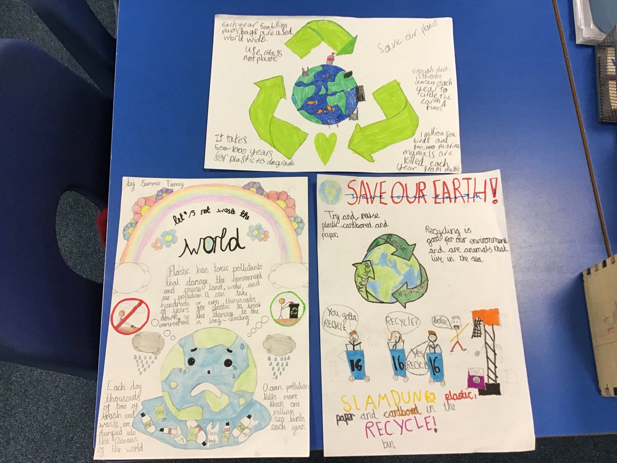 mkellygeography's tweet photo. Wow! Amazing enthusiasm from @MosspitsYear5 with their homework based on reducing plastic waste. Such talented children getting across a very important message. Well done! #PlasticIsNotFantastic #WasteWeek2019 https://t.co/kgigsAFMLE