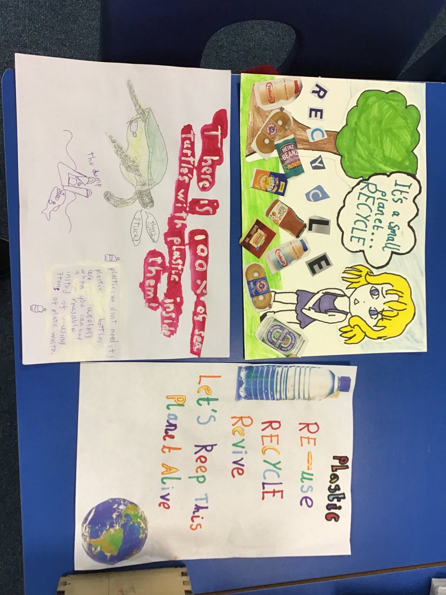 mkellygeography's tweet photo. Wow! Amazing enthusiasm from @MosspitsYear5 with their homework based on reducing plastic waste. Such talented children getting across a very important message. Well done! #PlasticIsNotFantastic #WasteWeek2019 https://t.co/kgigsAFMLE