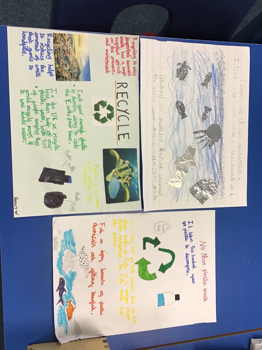 mkellygeography's tweet photo. Wow! Amazing enthusiasm from @MosspitsYear5 with their homework based on reducing plastic waste. Such talented children getting across a very important message. Well done! #PlasticIsNotFantastic #WasteWeek2019 https://t.co/kgigsAFMLE