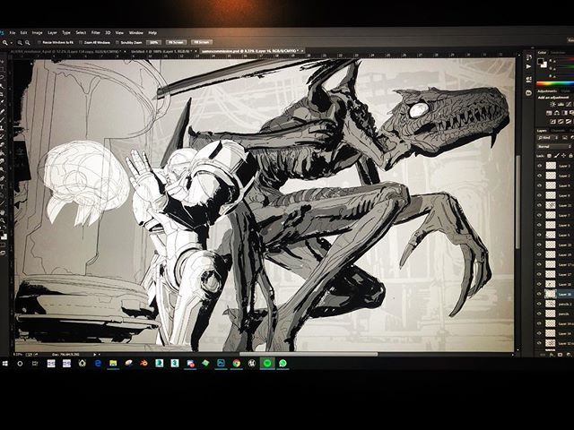 tristans_bones's tweet image. Super Metroid commission progress part 2. 
These Metroid pieces are probably the most challenging things I’ve drawn next to the Alien pages. Where Alien goes for grungy realism, Metroid goes for grungy fantastic, but kinda skews for a realistic aesthetic at the same time.