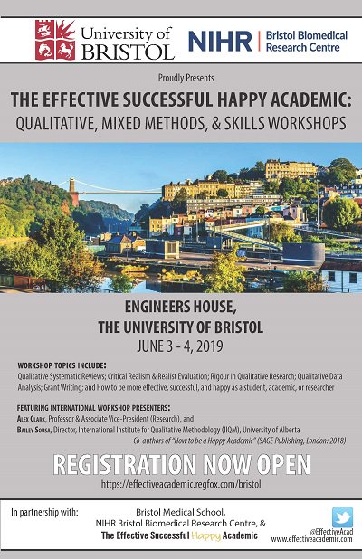 How to be an effective successful #happyacademic! Qualitative, mixed methods &amp; skills workshop coming to <a href="/BristolUni/">University of Bristol</a>, 3-4 June 2019. Registration is now open at effectiveacademic.regfox.com/bristol
@MedicalBristol <a href="/BristolBRC/">NIHR Bristol Biomedical Research Centre (BRC)</a> <a href="/EffectiveAcad/">Effective, Successful, Happy Academic</a> 
#qualitativeresearch #researchmethods
