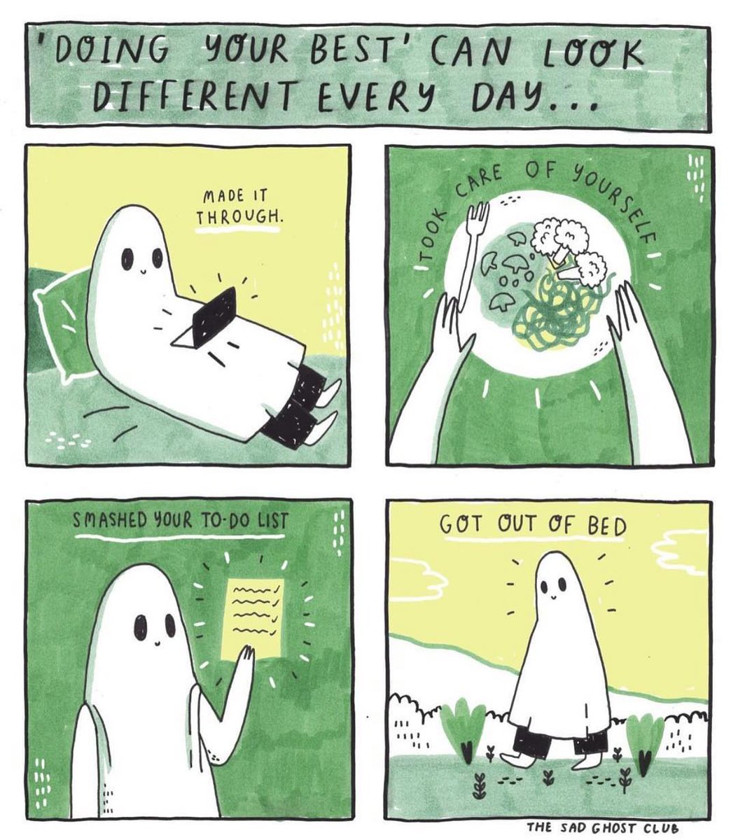 Good morning! It's OK if you struggle with #selfcare. Try doing something small for yourself daily, whether it's a lie-in, taking things slowly, or making a cup of tea. Doing your best can look different every day. mhfaengland.org  📷<a href="/thesadghostclub/">The Sad Ghost Club</a>
