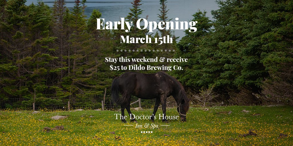 We are officially opened &amp; taking bookings for this weekend where you'll receive a $25 gift certificate to <a href="/DildoBrewingCo/">Dildo Brewing Company & Museum</a>! 

Our NL Pony Shamrock has been getting excited to meet everyone on the holiday that she was conveniently named after! ☘️

Book now: doctorshousenewfoundland.com/rooms/