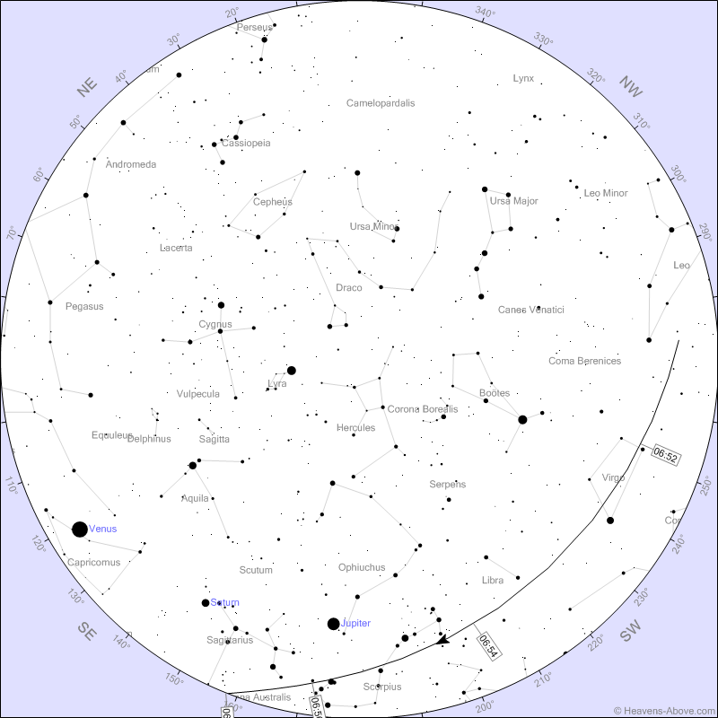 #ISS flying over #Toronto in 1 hour from now! Track W to S, altitude 20deg, mag -2.2. 🚀 heavens-above.com/passdetails.as…
