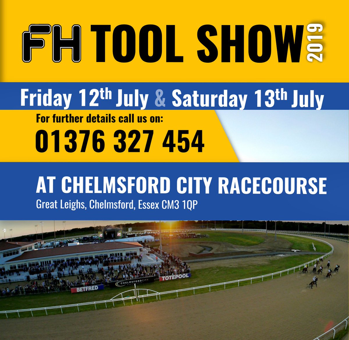ScrewCentreLtd's tweet photo. *SAVE THE DATE* Our FH Tool Show 2019 will be held at Chelmsford City Racecourse Friday 12th July and Saturday 13th July 2019.

 #fhtools #sale #makitauk #boschtools #allthetoolsyouneed #deals https://t.co/EzPfvCa1dc