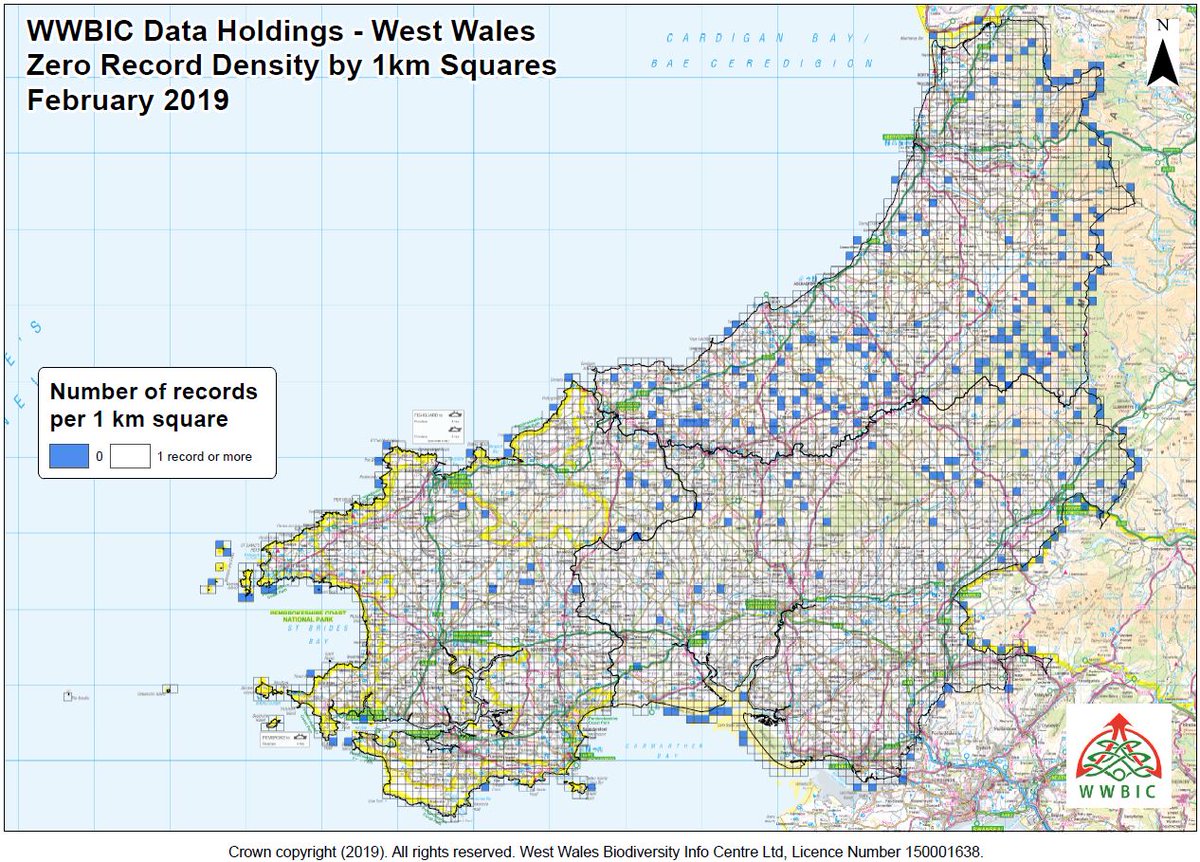 WWBIC needs your help!
There are areas of West Wales without any wildlife records, shown by the blue squares on the map.
Help us get a better understanding of our local wildlife by sending us your sightings - wwbic.org.uk/wildlife-recor…