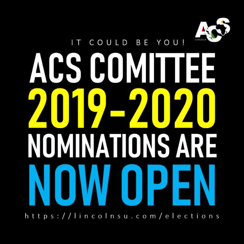 nominations for ACS committee roles are now open! 
Nominations closes 22nd March!
Go to lincolnsu.com/elections/list for more details