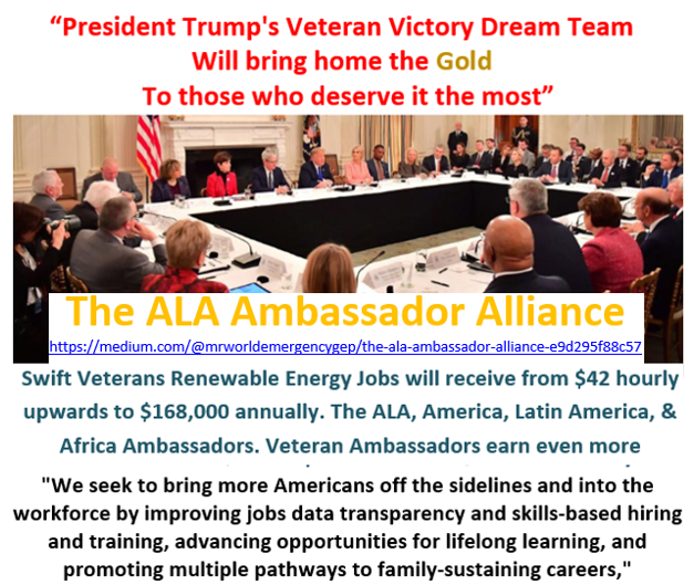 worldemergency2's tweet photo. President Trump’s Veteran victory dream team will bring home the Gold to those who deserve it the most. Swift Veterans Renewable Energy Jobs will receive from $42 hourly upwards to $168,000 annually. within the ALA, Veteran Ambassadors earn even more https://t.co/ebgZJsNTXn https://t.co/Q2mynhMzbk