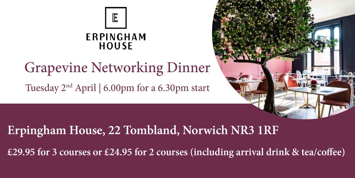 We are delighted to have secured @ErpinghamHouse for our April Grapevine business networking event (Tuesday 2nd April). Booking is essential, so please see our website for more information and menu choices. We hope you can make it. clapham-collinge.co.uk/events/april-2… #ff