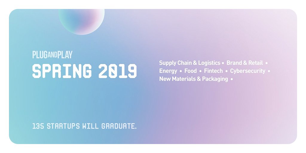 PlugandPlayTC's tweet photo. We’ve selected 135 startups to take part in our Spring 2019 accelerator batches in the following programs: Brand &amp; #Retail, #Cybersecurity, #Energy &amp; #Sustainability, #Fintech, Food &amp; Beverage, New Materials &amp; #Packaging, and #SupplyChain. Learn more → https://t.co/RmzdtyKWwN https://t.co/vRXCYukZ9W