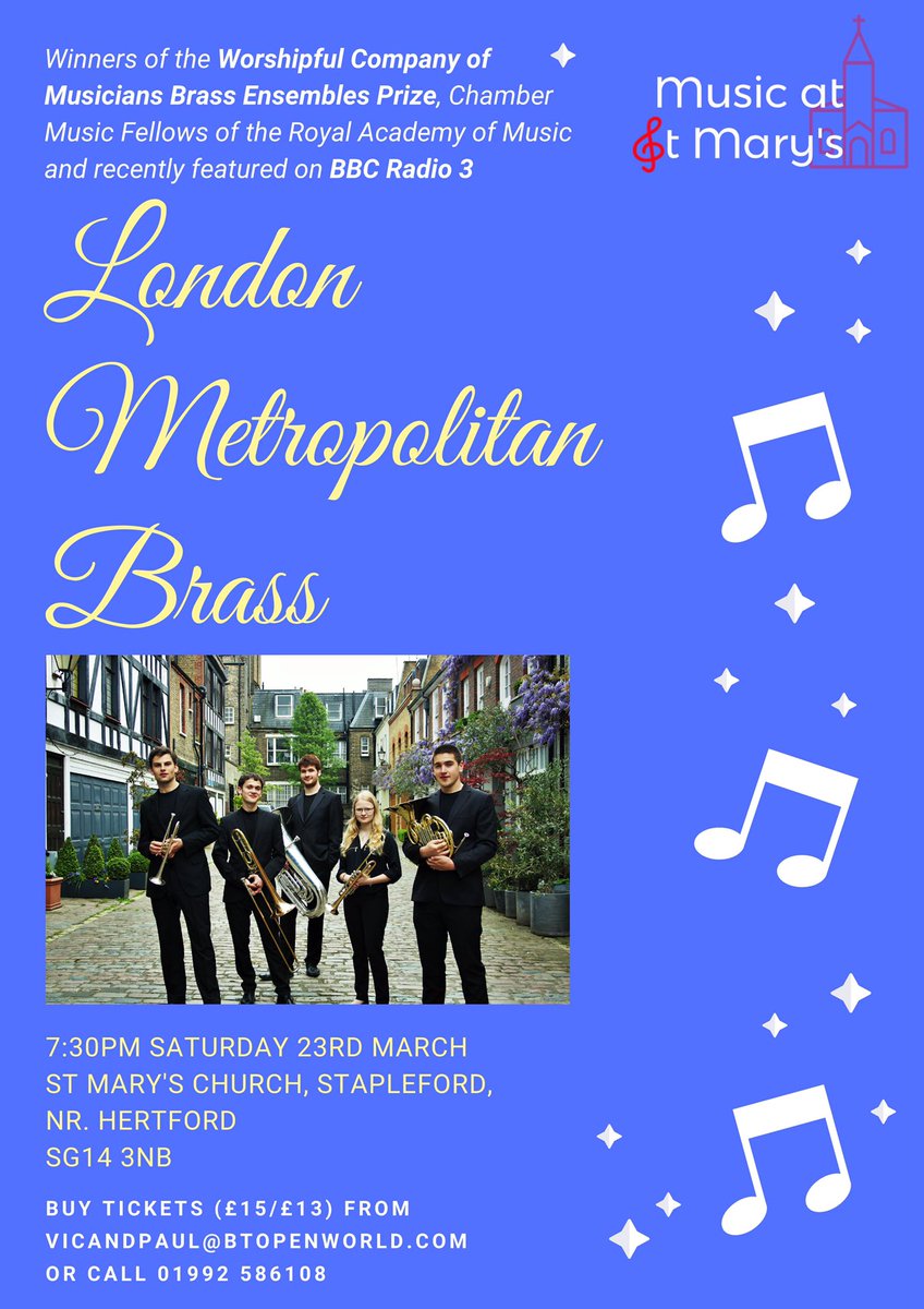 Natasha Page (@tashajayne_p) on Twitter photo People of Hertfordshire! There is a fab concert at <a href="/StMarysChurch_/">Stapleford Church</a> next Saturday 23rd March. <a href="/ldn_met_brass/">London Metropolitan Brass</a> are one of the finest brass ensembles around. I really can’t recommend them enough - don’t miss this! Full details and ticket info on the poster below. People of Hertfordshire! There is a fab concert at <a href="/StMarysChurch_/">Stapleford Church</a> next Saturday 23rd March. <a href="/ldn_met_brass/">London Metropolitan Brass</a> are one of the finest brass ensembles around. I really can’t recommend them enough - don’t miss this! Full details and ticket info on the poster below.