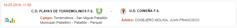 Mañana sábado, nuestros alevines, desde las 11h en el Palacio de San Miguel, PARTIDAZO frente a uno de los grandes del futsal malagueño, la Coi de <a href="/faluco8/">fali 8</a> 

Duelo entre los dos primeros de la clasificación.

Jornada 20 <a href="/RFAFMalaga/">RFAF - Delegación de Málaga</a> 

Playas vs <a href="/udcoinfs/">UD  COINEÑA FS</a> 

¡¡¡VAMOS PLAYAS!!!