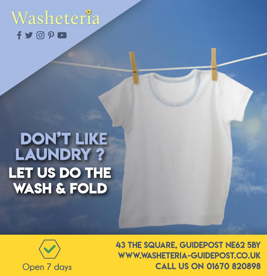 Don't like laundry? Let us do the wash and fold!
Visit washeteria-guidepost.co.uk  
Call on 01670 820 898 to inquire more!
#wash #clean #service #laundry #iron #home #clothes #affordable #fast #comfort #flexible #sports #kits #overall #look