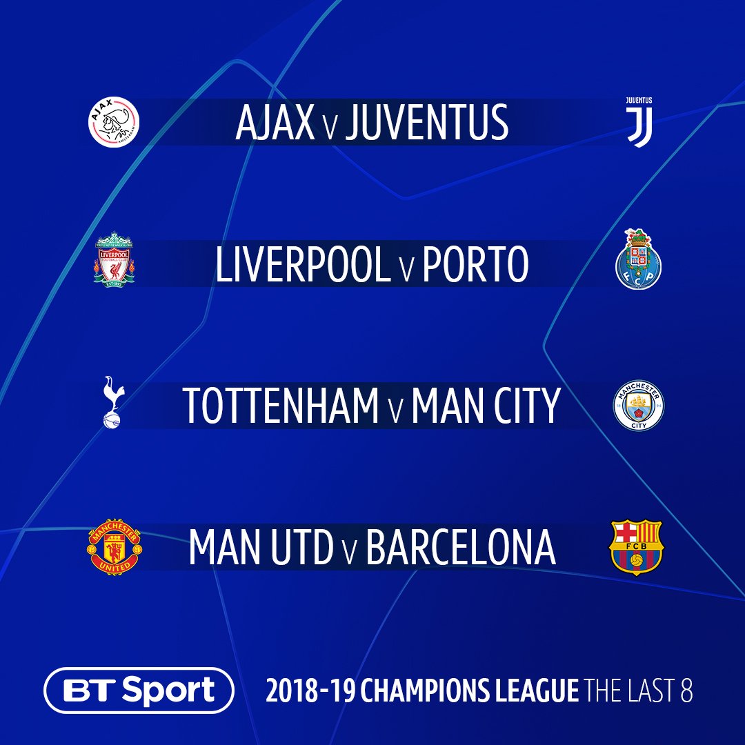 UEFA Champions League on X: Your 2018/19 #UCL quarter-finalists 🙌 🇳🇱  @AFCAjax 🇪🇸 @FCBarcelona 🇮🇹 @juventusfc 🏴󠁧󠁢󠁥󠁮󠁧󠁿 @LFC  🏴󠁧󠁢󠁥󠁮󠁧󠁿 @ManCity 🏴󠁧󠁢󠁥󠁮󠁧󠁿 @ManUtd 🇵🇹 @FCPorto 🏴󠁧󠁢󠁥󠁮󠁧󠁿  @SpursOfficial Who are you backing to