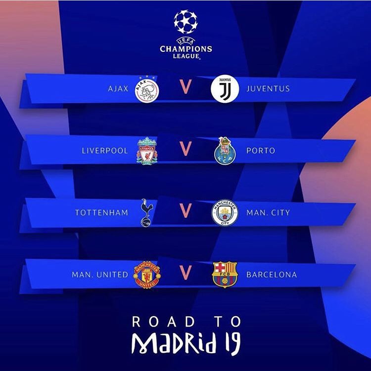 This_is_Respect's tweet photo. #ChampionsLeague 
@AFCAjax - @juventusfc 
@LFC - @FCPorto 
@SpursOfficial - @ManCity 
@ManUtd - @FCBarcelona https://t.co/DEhK39hrne
