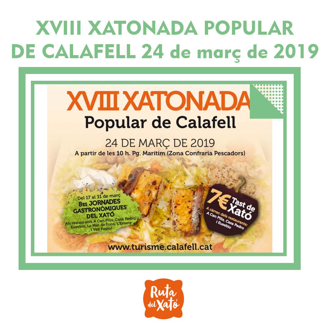 18a XATONADA POPULAR DE CALAFELL
Diumenge 24 de març a les 10 h al pg. Marítim, hi haurà tastets de xató 🥗🍷, taller infantil xatonaire 🙌  espectacle 🤡 i fira de productes artesans. 👉calafell.cat/activitats/age…
#rutadelxató #xató #TurismedeCalafell #DOPenedès #FornsEnrich