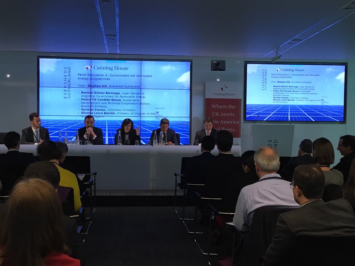 ESgloballaw's tweet photo. Partners Stephen Hill and Greg Falkof from our London team and Tom Warren and Madeleine Tan from our Atlanta and New York teams presented and chaired panels yesterday morning at the @Canning_House Renewable Energy in Latin America conference #ProjectFinance  #LatinAmerica https://t.co/TXFwimWVOA