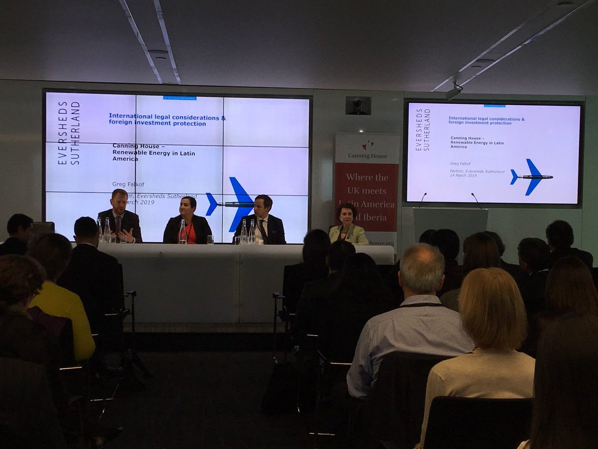 ESgloballaw's tweet photo. Partners Stephen Hill and Greg Falkof from our London team and Tom Warren and Madeleine Tan from our Atlanta and New York teams presented and chaired panels yesterday morning at the @Canning_House Renewable Energy in Latin America conference #ProjectFinance  #LatinAmerica https://t.co/TXFwimWVOA