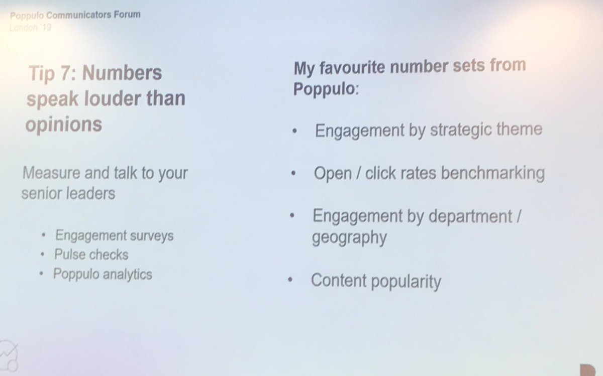 agendascotland's tweet photo. Awesome #internalcomms tips from @CoachingEW at @PoppuloSays London Communicators Forum. Check in, check in, check in, the power of the water cooler and intelligent analytics 👏🏻👏🏻 #PoppuloForums https://t.co/0MWCn3S4Qn
