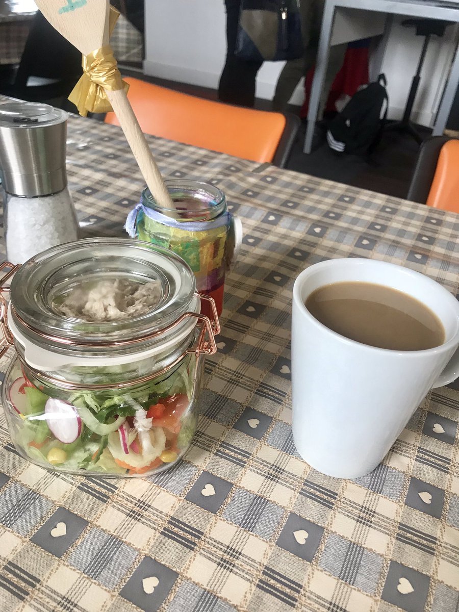 Layered salad lunch and a coffee ordered from the Independent Living cafe @indy_living_Bfd @helendenning123 @BradfordCollege @HSC_BfdCollege fabulous friendly and entertaining service guaranteed 😀