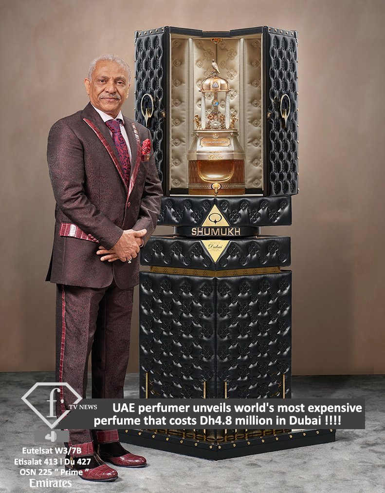 4FashionTv's tweet photo. #FTVnews : UAE perfumer unveils world's most expensive perfume that costs Dh4.8 million in Dubai !!!! Valued at Dh4.752 million, the new product is called Shumukh that took over three years to be formulated and 494 perfume trials. 
It is set with over 3,500 sparkling diamonds... https://t.co/hQPpAVMJoC