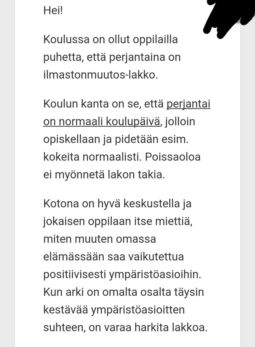 TiiaMaija's tweet photo. Mm. tällä tavalla voidaan kouluissa viestinnällä lannistaa nuorten halua vaikuttaa yhteiskunnallisesti. Meillä kotona kyllä keskusteltiin, ja täysi siunaus yhteiskuntavaikuttamiselle on! #ilmastolakko #NytOnPakko https://t.co/yI8pyR27S7