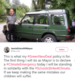 watch_jd's tweet photo. "STOP POLLUTING THE WORLD" shouts #Hypocrite @NorthTyneCA @PeoplesMomentum candidate @MayorJd4 #jd4Mayor as he tours the region in his polluting Land Rover. 

What this man lacks in integrity he makes up for in arrogance.  He'll be telling us how awful private schools are next. https://t.co/PdpeQGQYil