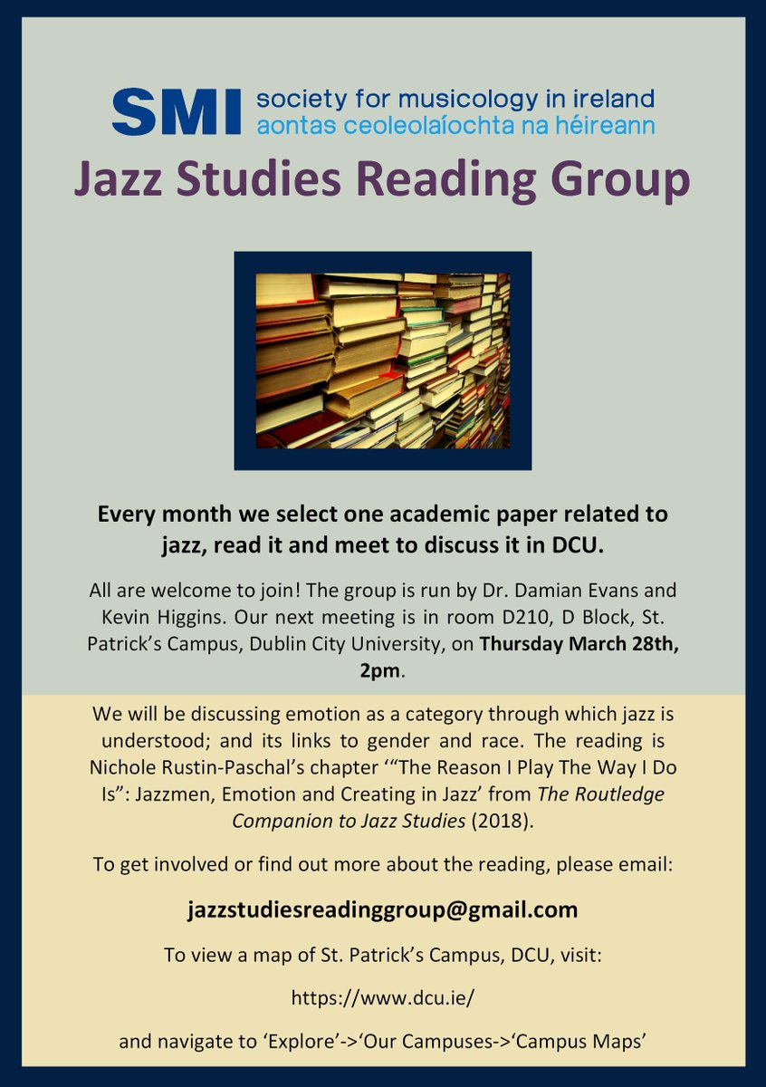 Our next reading group session is Thursday 28th March, in <a href="/Music_DCU/">Music @ DCU</a> St. Patrick's campus. We're discussing <a href="/NRustinPaschal/">COZY in a ♍️ GROOVE 💕💚</a>'s chapter '"The Reason I Play The Way I Do Is": Jazzmen, Emotion, and Creating in Jazz' from The Routledge Companion to Jazz (2018). Do come along.