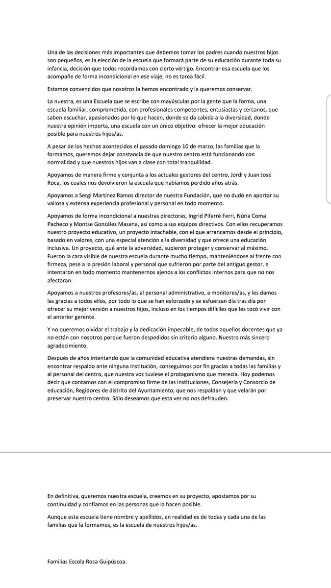 cgonzaleziz's tweet photo. Carta consensuada de los padres de @EscolesRoca!!! Animamos a todo el mundo a que conozcan el proyecto educativo! Formamos parte de una buena escuela!  @btvnoticies @antena3com @tv3cat @LaVanguardiaCAT @Bcn_SantMarti @consorciedubcn @elperiodico @CatalunyaInfo @naciodigital https://t.co/hyCdpA84ue