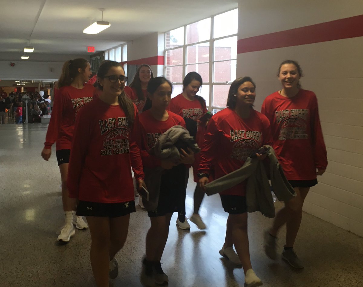 LindseyBKennedy's tweet photo. Sending our girls off for tomorrow’s @NCHSAA 1A State Championship game! They have had an incredible season! We are so proud of them! ❤️🏀🎉#CardinalWalk #GoCards #PaintItRed https://t.co/V7x1RKnuyT