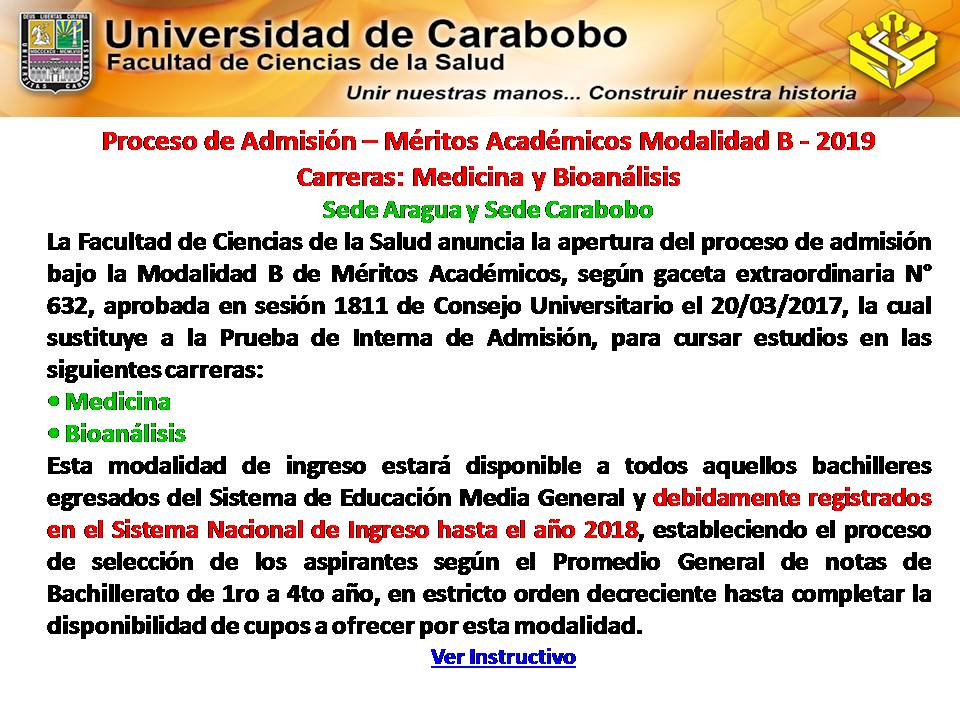 FCS_UC's tweet photo. La Facultad de Ciencias de la Salud anuncia la apertura del Proceso de Admisión bajo la Modalidad B de Méritos Académicos, la cual sustituye a la prueba de admisión, para cursar estudios en las carreras de MEDICINA y BIOANÁLISIS. Ver Instructivo en https://t.co/bd5q3AUnn8 https://t.co/cMgIJd4AkM