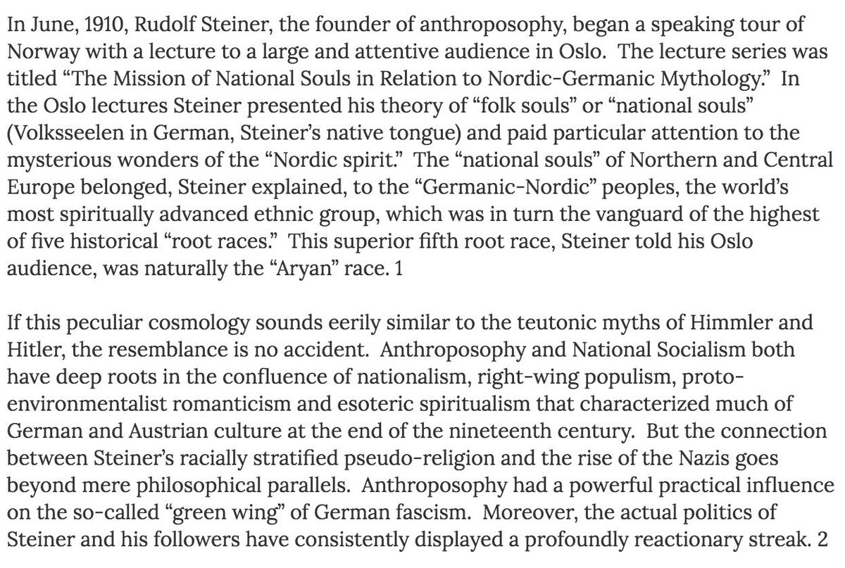 The origins of ecofascism can be traced to late 19th and early 20th century Germany, in Rudolph Steiner's anthrosophy, and in concepts like Volk and Naturdenkmal and LandschaftspflegeLand belongs to peoples (races) and must be defended in their interestsBlood and soil...