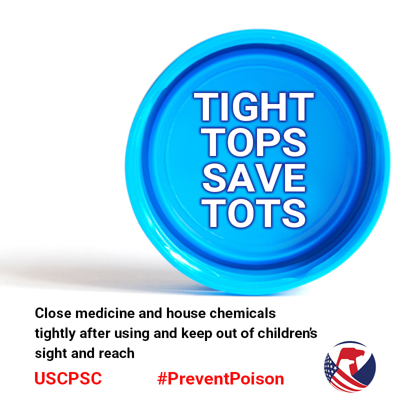 A picture of a bottle top on its side. The text reads: Tight tops save tots. Close medicine and house chemicals tightly after using and keep out of children's sight and reach.