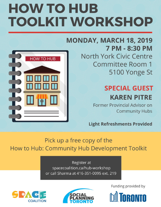 TOSportsCouncil's tweet photo. Hey #Toronto! Time is running out to register for the launch of @SPACEONTARIO's NEW Community Hub Toolkit! The workshop is on March 18 at North York Civic Centre from 7- 8:30 pm. Register today! Visit https://t.co/Stre1QNxTb
#CommunityHubs #TSCEventList @CSC_ON @KarPitre https://t.co/yjn0SMkB3p