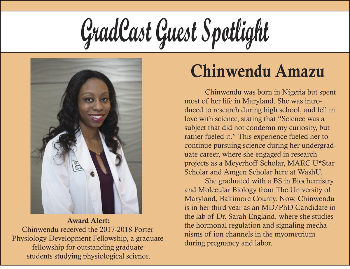 GradCastWUSTL's tweet photo. In this installment of GradCast, we talk with 3rd year MD/PhD candidate, Chinwendu Amazu, about her journey to science and her outlook on finding a community in Graduate/Professional school that will empower you to believe in yourself. Listen now! https://t.co/Tf9v1N02pL https://t.co/IlzhifgCpG