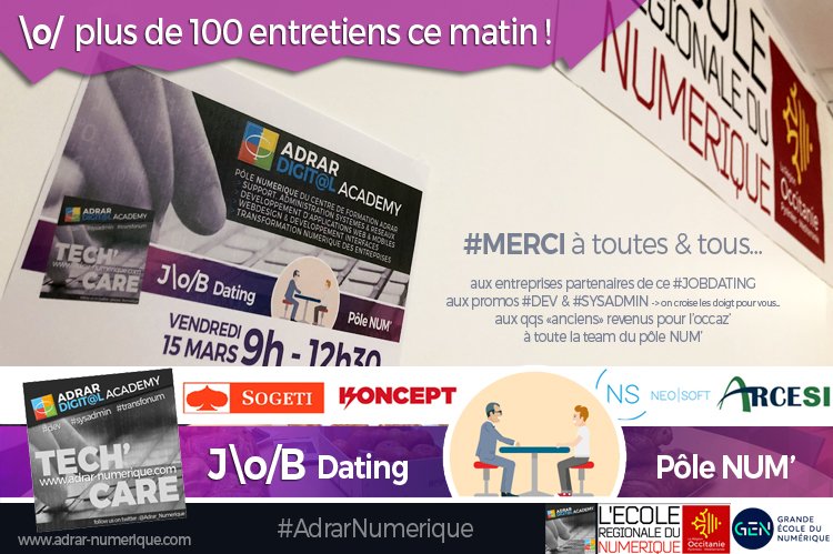 Adrar_Numerique's tweet photo. #MERCI à toutes &amp; tous...
✅aux entreprises partenaires de ce #JOBDATING au pôle #numerique 
✅aux promos #DEV &amp; #SYSADMIN 🤞🏼
✅aux qqs «anciens» revenus pour l’occaz’ 👍🏼😉

🔝👍🏼plus d'une 💯aine d'entretiens et rdv
▪️#emploi▪️#job▪️#recrutement  ☀️ #Occitanie ✌🏼#TransfoNum https://t.co/KnGLQMOst3