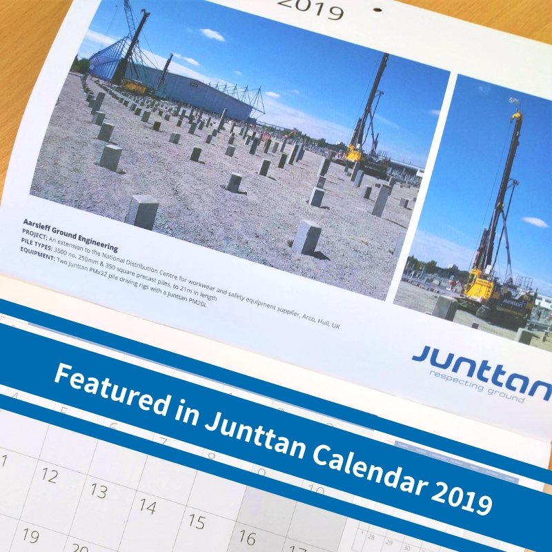 AarsleffUK's tweet photo. #Aarsleff have been featured in the official @junttanofficial 2019 calendar with photo's from our driven #Piling work at Arcoβs new warehouse in Hull, where we installed over 3,500 No. 250 & 350mm #precastpiles utilising our #Junttan PMx22 rigs & Banut 700 piling rigs https://t.co/QvMsCCklIz