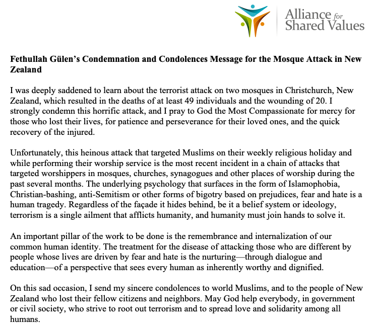 AfSV_US's tweet photo. Fethullah Gülen’s Condemnation and Condolences Message for the Mosque Attack in New Zealand https://t.co/qnbmKB7Qhy