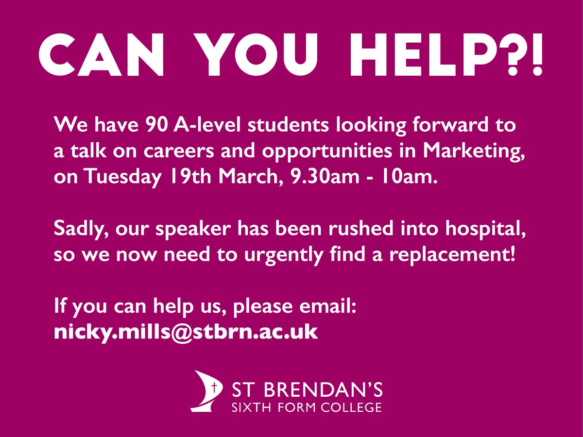 StBrendansSFC's tweet image. URGENT APPEAL FOR A MARKETING SPEAKER!

If you or any one you know can help us on Tuesday, we would be very grateful.

Please email: nicky.mills@stbrn.ac.uk