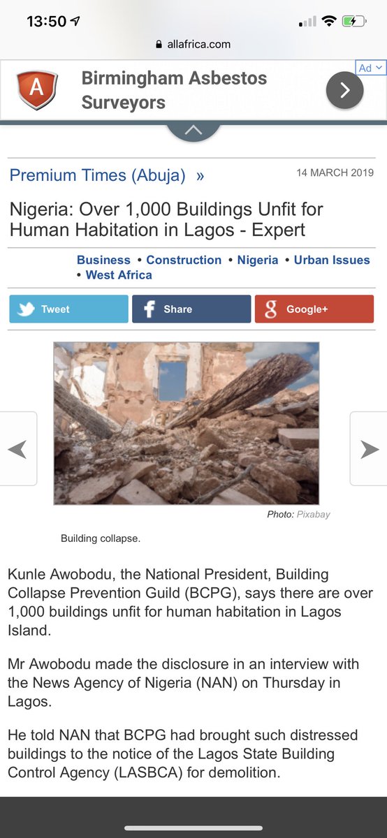 OurFavOnlineDoc's tweet photo. The National President of the BCPG (Building Collapse Prevention Guild) says there are over 1000 buildings in Lagos that are unfit for human beings to live in.

Thankfully today, Lagos begun demolition of 180 of them. But why wait for disaster before doing the right thing? Why? https://t.co/gXVgKIpxjM