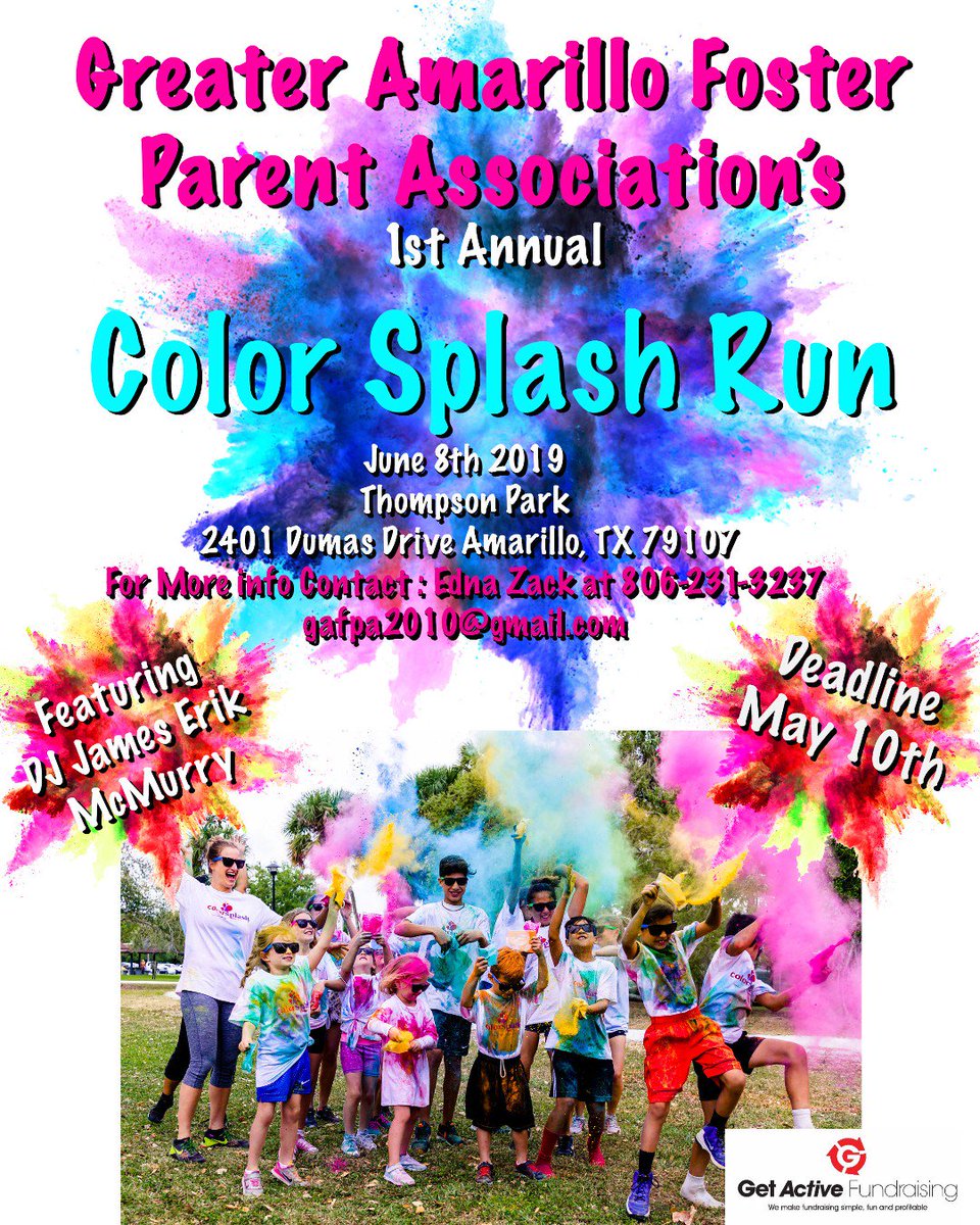 amarillo_angels's tweet photo. FUN ALERT! Our friends at @GreaterAssoc are putting on their 1st Annual Color Splash Run on June 8th! Make sure to get signed up by May 10th.

For more information and to sign up, contact Edna at 806.231.3237 or  gafpa2010@gmail.com https://t.co/PZzHHtxneo