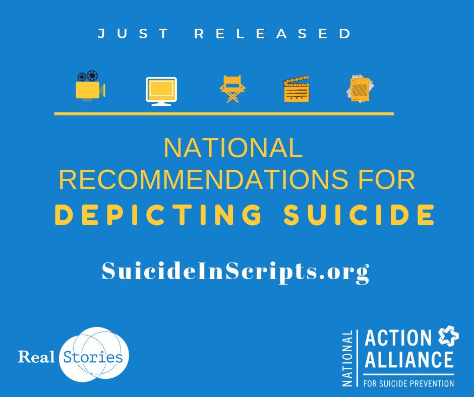 Action_Alliance's tweet photo. The entertainment industry has a key role to play in suicide prevention. The first-ever Natl Recommendations for Depicting Suicide aims to help the industry craft more balanced and authentic stories https://t.co/JXLSIe4jNq #suicideinscripts @DeptofDefense @DeptVetAffairs @HHSGov https://t.co/bU0uer8Pvi