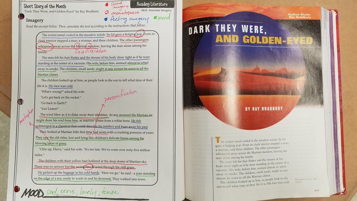 RSkidmoreQMS's tweet photo. Boy! Our students really know how to identify figurative language! Here's just one class example of their collective efforts from the group work they did yesterday! They are ready to read this eerie story by Ray Bradbury! #DarkTehyWere #QMS225 #QMSGold #QMSRocks @BellicoJesse https://t.co/OcX82yAVfw