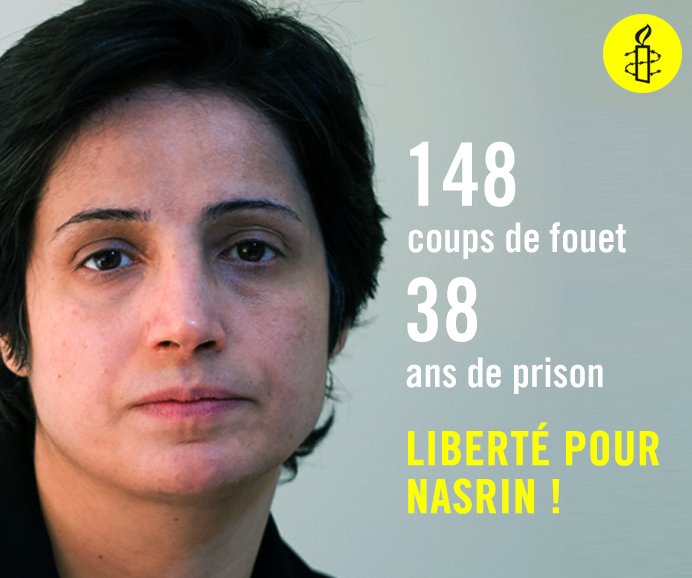 amnestyfrance's tweet photo. Pour avoir protesté contre le port du voile obligatoire en Iran, Nasrin Sotoudeh a été condamnée à 38 ans de prison et 148 coups coups de fouet !

Nous avons besoin de vous pour la libérer ! https://t.co/GQgTynPeat https://t.co/mEwUaBAYhO