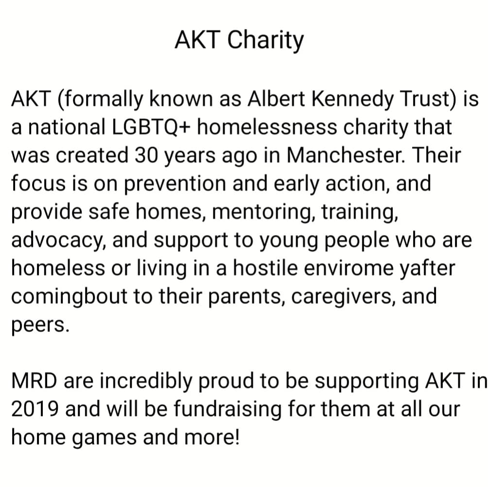 Exciting Announcement! 
📢📢📢
Manchester Roller Derby are proud to announcr our 2019 charity of the year...<a href="/aktcharity/">akt</a>
We look forward to fundraising for them at all our home games this year and more!
#manchesterrollerderby #ukrollerderby #albertkennedytrust #LGBTQ #lgbtcharity