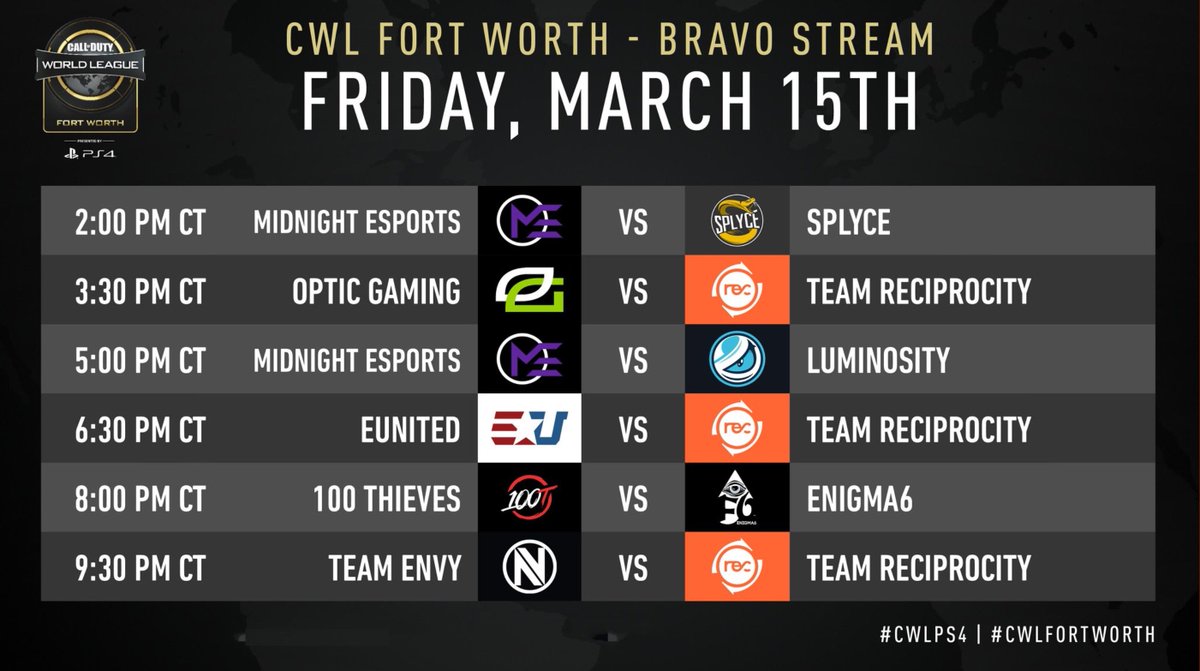 MLG's tweet photo. CWL Fort Worth starts TODAY at 2:30pm (ET)! Here are your matches for Day One across all four streams! #CWLFortWorth

🎥Alpha Stream: https://t.co/PsQ2lXN2pl
🎥Bravo Stream: https://t.co/GOpToXIZB6
🎥Charlie Stream: https://t.co/jC1XNJ2OMN
🎥Delta Stream: https://t.co/UUxCJOtDad https://t.co/whHTNKe8KW