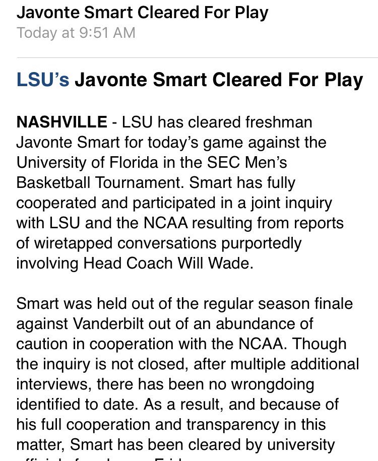 RossDellenger's tweet image. Javonte Smart cleared to play. #LSU