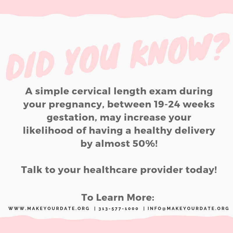 MakeYourDate's tweet photo. A cervical length measurement screening may increase your chances of having a healthy delivery by almost 50%! Talk to your doctor about scheduling your cervical length screening between 19 &amp; 24 weeks gestation. https://t.co/fHoBhBPLQ3