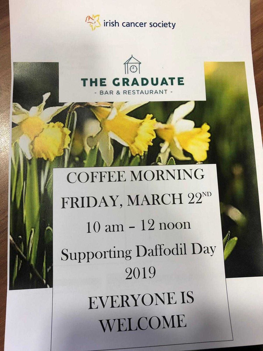 GraduateDublin's tweet photo. We're hosting a coffee morning from 10 am -12 noon on Friday the 22 of March in support of @IrishCancerSoc & #DaffodilDay2019
Everyone is welcome and we hope to see you there!
#GraduateDublin https://t.co/ylutm6Ro5x